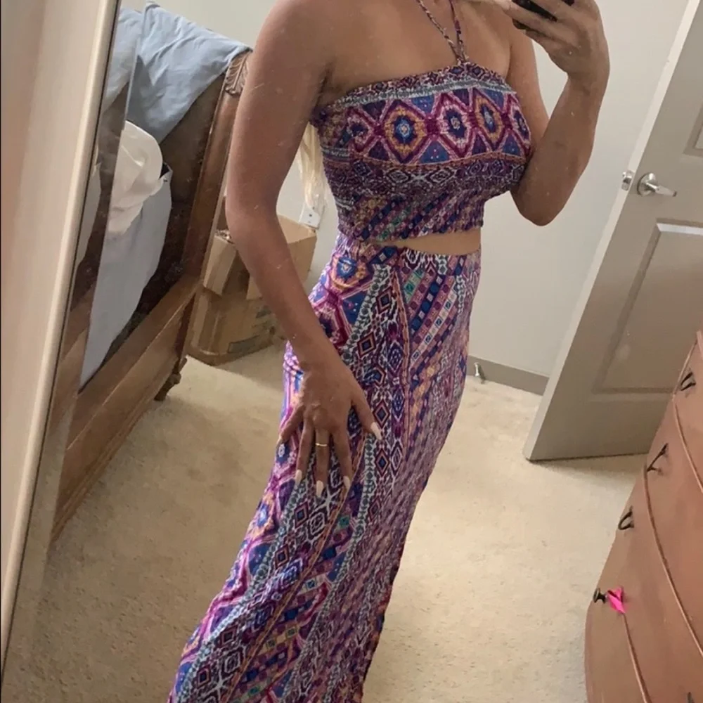 Boho Halter Crop Top and Maxi Slit Skirt Coord 2 Piece Set